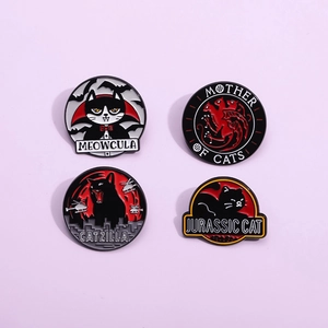 Set of four sci-fi cat enamel pins featuring Meowcula and Jurassic Cat designs