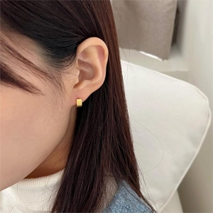 Close-up of a minimalist golden striped silver stud earring worn by a model in soft light