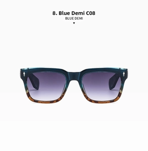 Detail view of square sunglasses in Blue Demi with gradient purple lenses and metal accents