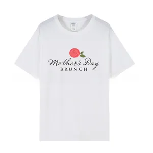 Close-up of Mother's Day Brunch floral print on white cotton crewneck t-shirt