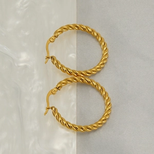 Twisted rope design gold stainless steel hoop earrings with secure latch back closure