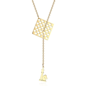 Golden stainless steel necklace featuring checkered pattern and chess piece pendants