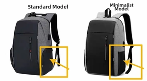 Detail view of business backpacks in gray and black with USB charging port and side pockets