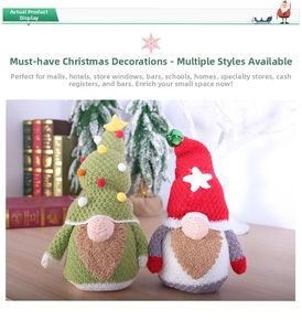 Detail of knitted Christmas gnomes featuring a green star hat and red bell hat with faux beards