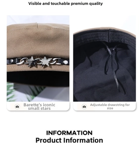 Detail of khaki wool beret showing star chain decor and adjustable inner drawstring