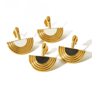 18k gold plated fan-shaped titanium earrings with black and white drip oil semicircles