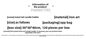 Detailed specs of metal iron high candlestick holder with OPP bag packaging info