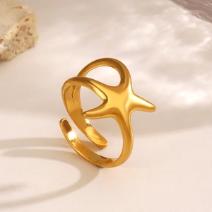 Minimalist gold starfish open ring with polished stainless steel finish for women