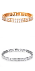 Detail of emerald cut zircon tennis bracelets in 18K gold and silver plating with box clasp