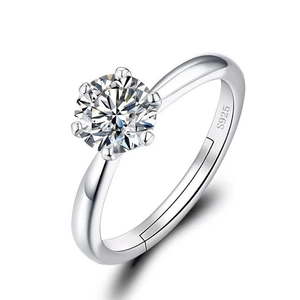 Classic six-prong S925 sterling silver ring with brilliant round cut moissanite stone