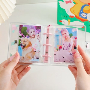 Transparent 3-ring binder photo album with pink rings and cartoon rabbit design cover