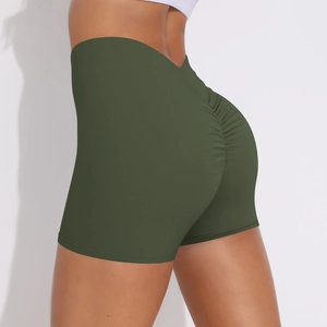 Detailed back view of high waisted olive green scrunch butt yoga shorts for women