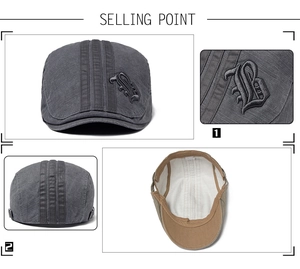 Detail view of cotton flat cap featuring gothic B embroidery and breathable inner lining