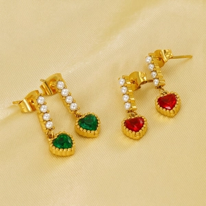 Heart Drop Earrings Plated 18K Gold Stainless Steel With Faux Artificial Pearl And Heart Zircon Vintage Elegant Style For Women