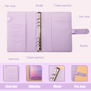 Purple PU leather budget binder with 6 rings, card slots, pen loops and snap buckle