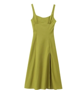Detail of olive green slit dress featuring a ruched bust and elegant side high slit design