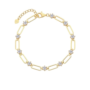 Golden S925 silver paperclip link bracelet with round moissanite stones and heart charm