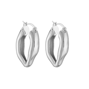Detailed view of silver-tone irregular twisted C-shape hoop earrings with polished finish