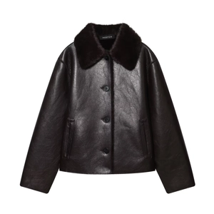 Veste Réversible En Similicuir Avec Col En Fausse Fourrure Coupe Ample Boutonnage Simple Poche Streetwear Marron Foncé