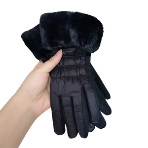 Black winter thermal gloves with faux fur trim and quilted windproof design for women
