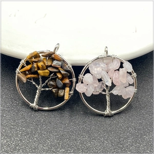 Detailed silver wire tree of life pendant with tiger eye and rose quartz natural stones