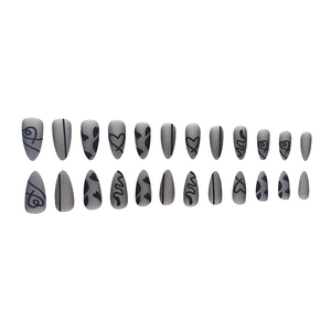Matte grey stiletto fake nails with minimalist black heart and line patterns, 24 piece set