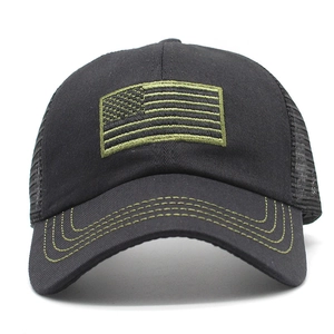 Men's black camo trucker hat with embroidered olive green US flag patch and mesh back