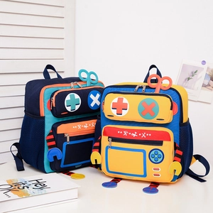Robot-themed kids backpacks in blue and multicolor patterns for stylish school use