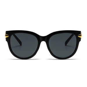 Classic black oval oversized cat eye sunglasses with gold side metal accents on white background