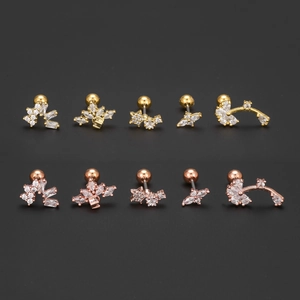 Set of 10 flower shape stainless steel stud earrings with zircon in gold and rose gold