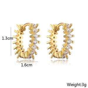 Detail view of 18K gold plated hoop earrings with cubic zirconia, size 1.3cm x 1.6cm, 3g