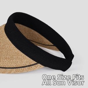 Detail of straw woven texture on a sun visor with black headband and neutral wood color