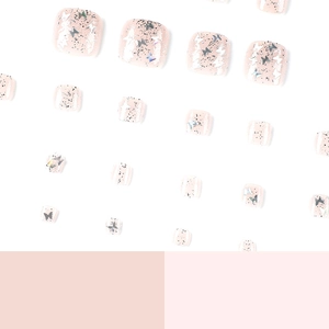 Silver butterfly glitter sequins on soft pink pedicure press-on toe nails set