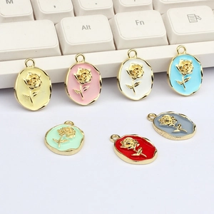 Oval rose pendants in 7 colors with gold alloy frames for DIY jewelry making