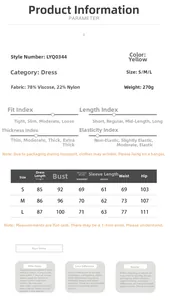 Detailed size chart for the V-neck lantern sleeve dress with fabric and weight info