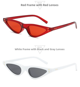 Detail of cat-eye sunglasses with gold studs in transparent red and white frames