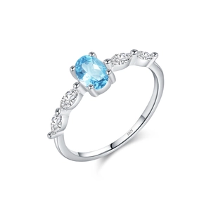 S925 sterling silver ring with oval blue crystal and marquise zircon accents