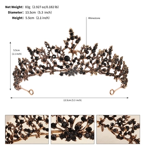 Detail view of gold alloy crown with black rhinestones and dimension specifications