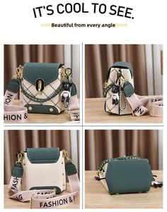 Detailed four-angle view of mini square bag with contrast colors and fashion strap