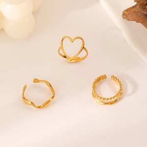 Three-piece gold adjustable heart hollow ring set in stainless steel for women