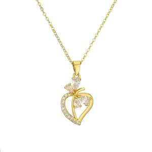 Goldene Herzanhänger-Halskette mit Zirkonia-Schleife und Blattdesign für Damen