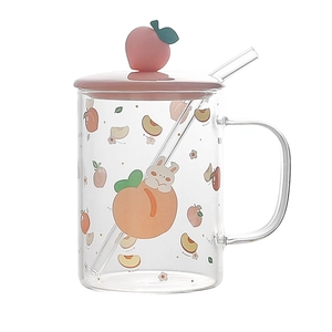 Ins style glass mug with pink peach lid and straw featuring cute rabbit pattern