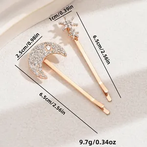Star and moon alloy hair clip set with rhinestones and size measurements display