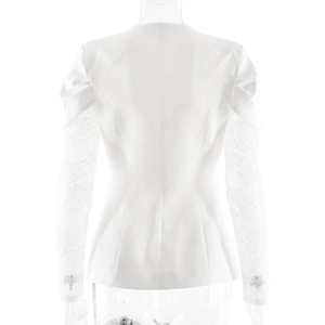 Detailed back view of white long sleeve blazer with elegant lace patchwork sleeves