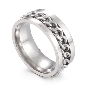 Polished stainless steel ring for men featuring an inset rotatable cuban chain design