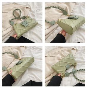 Detail shots of light green quilted shoulder bag with woven strap and gold buckle