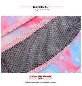 Close-up of breathable honeycomb mesh shoulder straps on starry blue backpack
