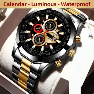 Men Business Quartz Watch Stainless Steel Luminous Waterproof Calendar Sport Wristwatch Analog Fashion For Male