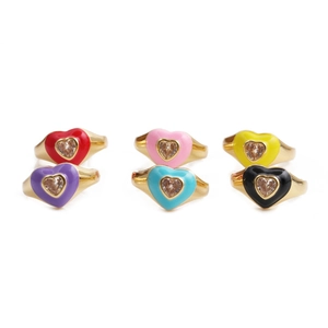 Heart Adjustable Open Ring For Women Copper Gold Plated Enamel Drip Heart Shaped Zircon Fashion Jewelry