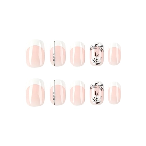 French white tipped press on nails with elegant black floral patterns and leaf designs